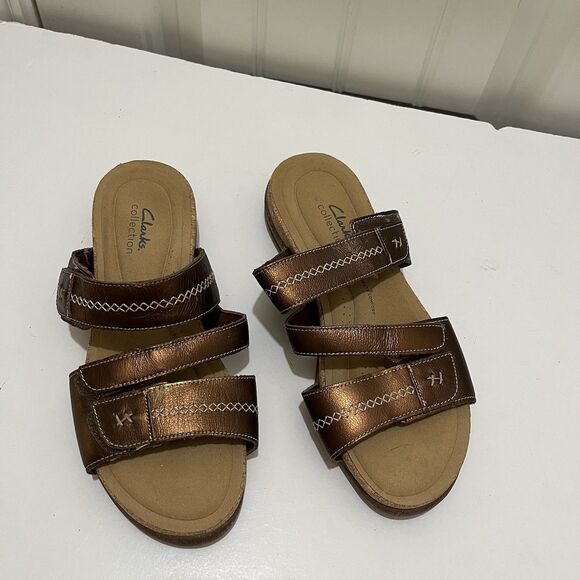Clarks Women's Roseville Bay Leather Slip On Slide Sandals Metallic Brown Sz 11M - Picture 3 of 7